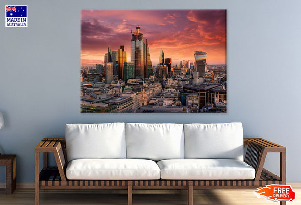 Fiery Sunset Over London City UK Print 100% Australian Made Stretched Canvas Ready to Hang - 1526