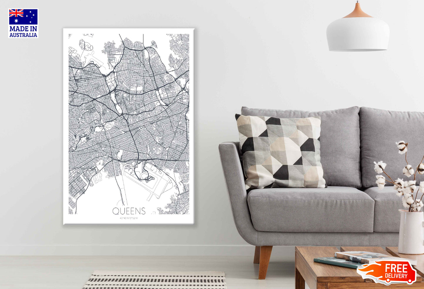 Queens New York City, Detailed Map Print 100% Australian Made Stretched Canvas Ready to Hang - 2357