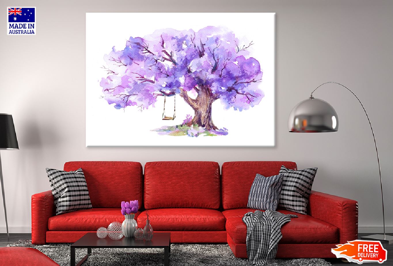 Purple Tree with Swing Watercolor Print 100% Australian Made Stretched Canvas Ready to Hang - 1755