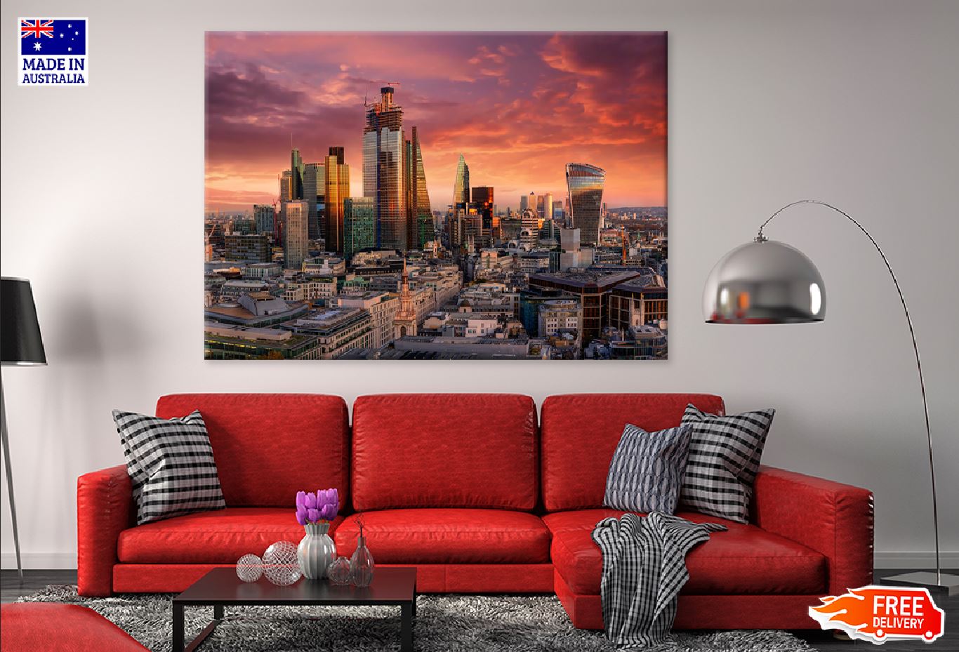 Fiery Sunset Over London City UK Print 100% Australian Made Stretched Canvas Ready to Hang - 1526