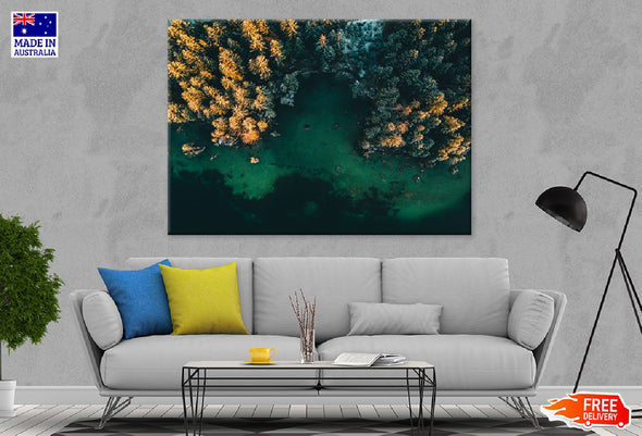 Autumn Trees & Lake Aerial View Print 100% Australian Made Stretched Canvas Ready to Hang - 1756