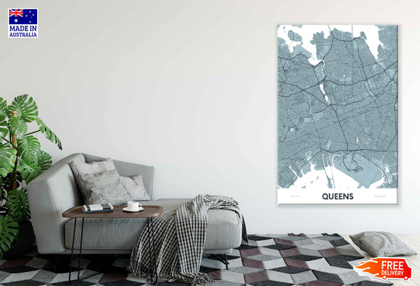 Queens New York City, Color Detailed Map Print 100% Australian Made Stretched Canvas Ready to Hang - 2358