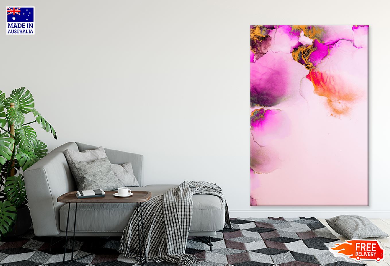 Pink Orange & Gold Abstract Art Design Print 100% Australian Made Stretched Canvas Ready to Hang - 1178