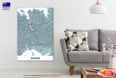 Queens New York City, Color Detailed Map Print 100% Australian Made Stretched Canvas Ready to Hang - 2358