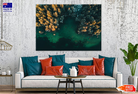 Autumn Trees & Lake Aerial View Print 100% Australian Made Stretched Canvas Ready to Hang - 1756