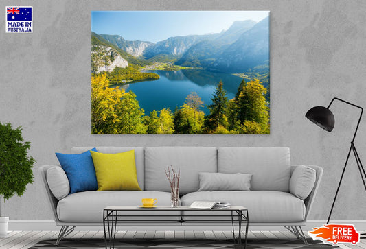 Hallstatt Town & Mountains Aerial Print 100% Australian Made Stretched Canvas Ready to Hang - 1079