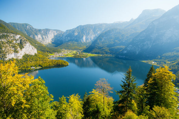 Hallstatt Town & Mountains Aerial Print 100% Australian Made Stretched Canvas Ready to Hang - 1079