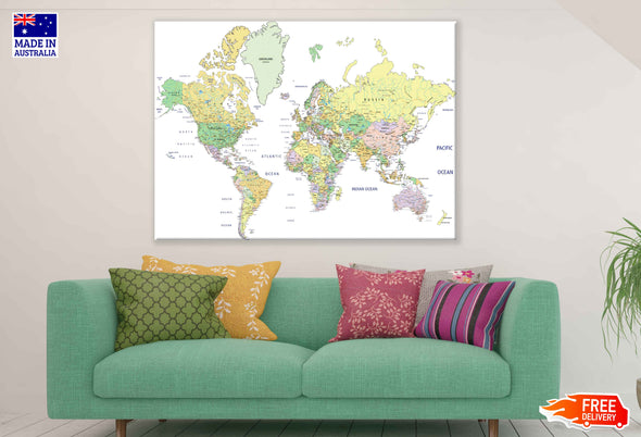 Political World Map with Labeling Vector Art Print 100% Australian Made Stretched Canvas Ready to Hang - 2359