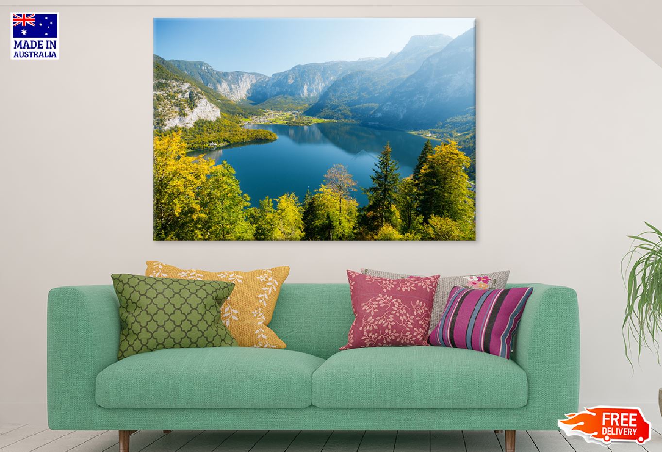 Hallstatt Town & Mountains Aerial Print 100% Australian Made Stretched Canvas Ready to Hang - 1079