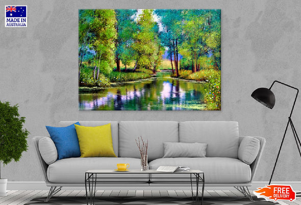 Autumn Trees with Lake Watercolor Print 100% Australian Made Stretched Canvas Ready to Hang - 1758