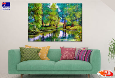 Autumn Trees with Lake Watercolor Print 100% Australian Made Stretched Canvas Ready to Hang - 1758