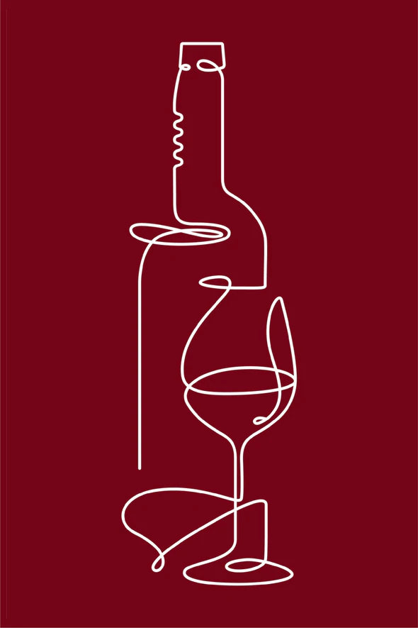 Wine Bottle & Glass Maroon White Line Print 100% Australian Made Stretched Canvas Ready to Hang - 1860