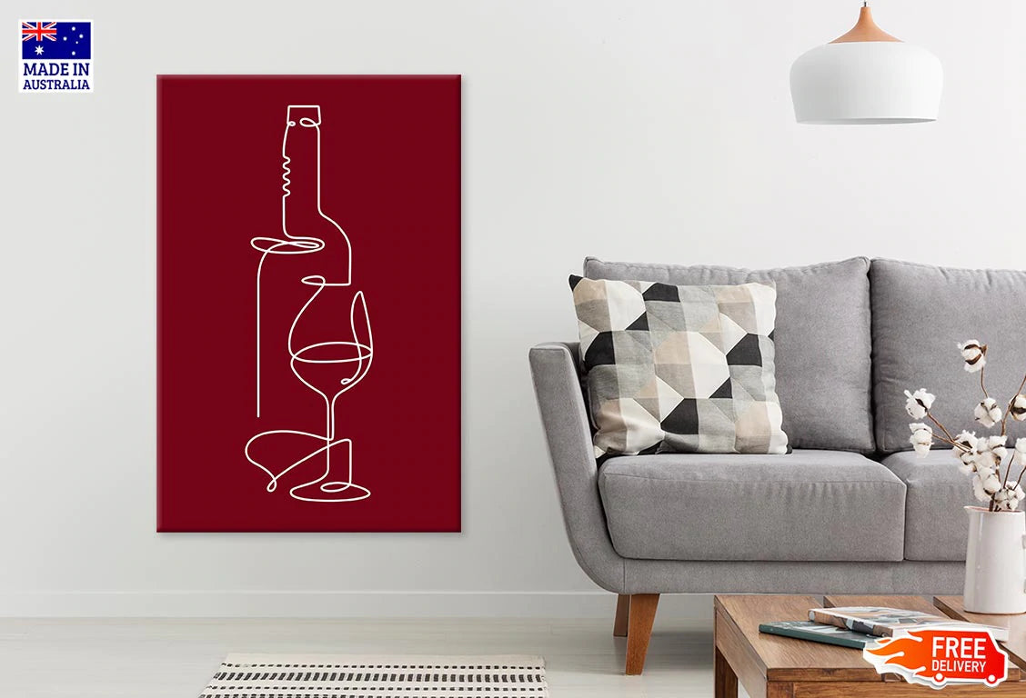 Wine Bottle & Glass Maroon White Line Print 100% Australian Made Stretched Canvas Ready to Hang - 1860