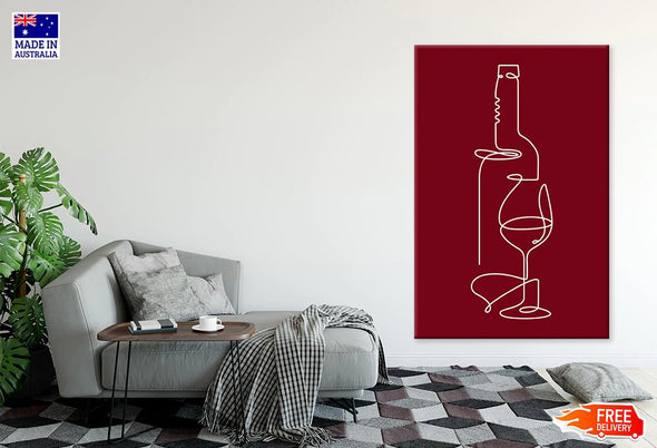 Wine Bottle & Glass Maroon White Line Print 100% Australian Made Stretched Canvas Ready to Hang - 1860