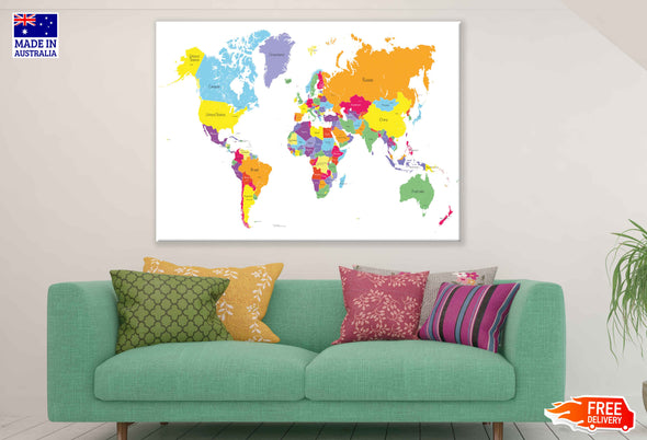 Political World Map with Country Names and Capital Cities Vector Art Print 100% Australian Made Stretched Canvas Ready to Hang - 2360