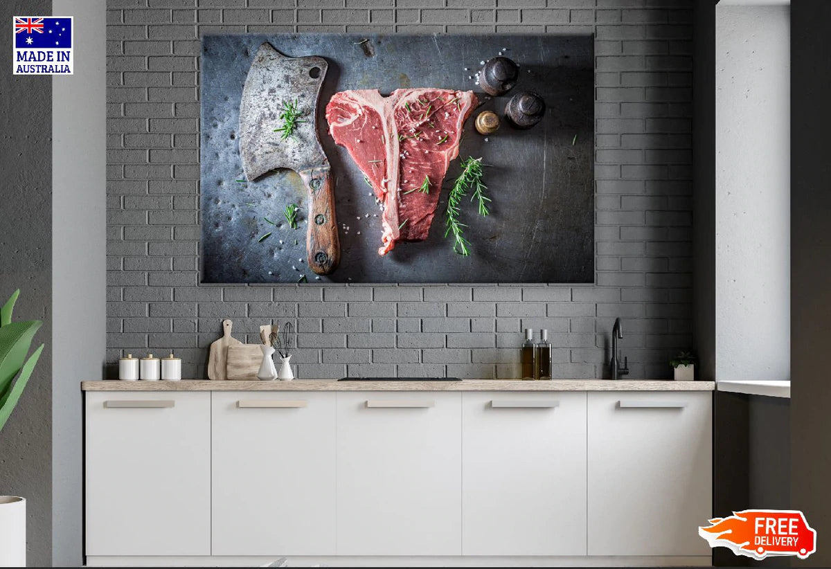 Tasty Red Steak on Old Metal Table Photograph Print 100% Australian Made Stretched Canvas Ready to Hang - 2062