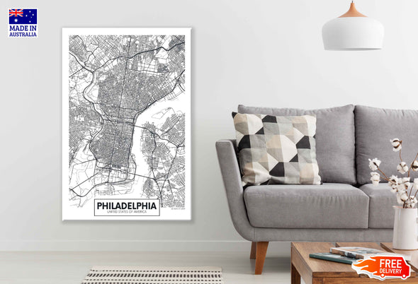 Philadelphia City in USA Detailed Map Print 100% Australian Made Stretched Canvas Ready to Hang - 2361