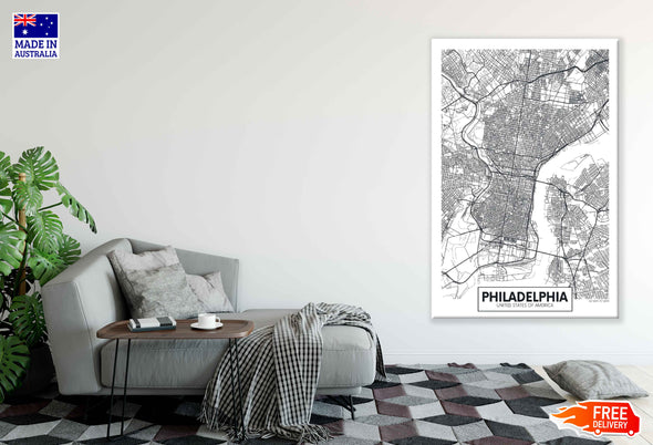 Philadelphia City in USA Detailed Map Print 100% Australian Made Stretched Canvas Ready to Hang - 2361