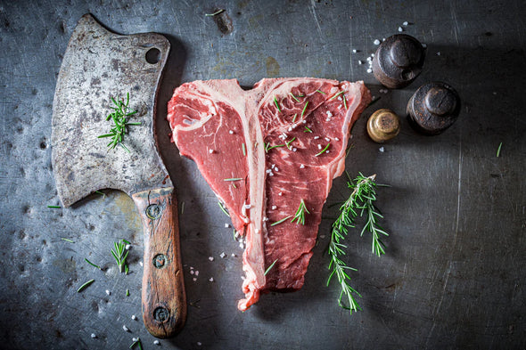 Tasty Red Steak on Old Metal Table Photograph Print 100% Australian Made Stretched Canvas Ready to Hang - 2062