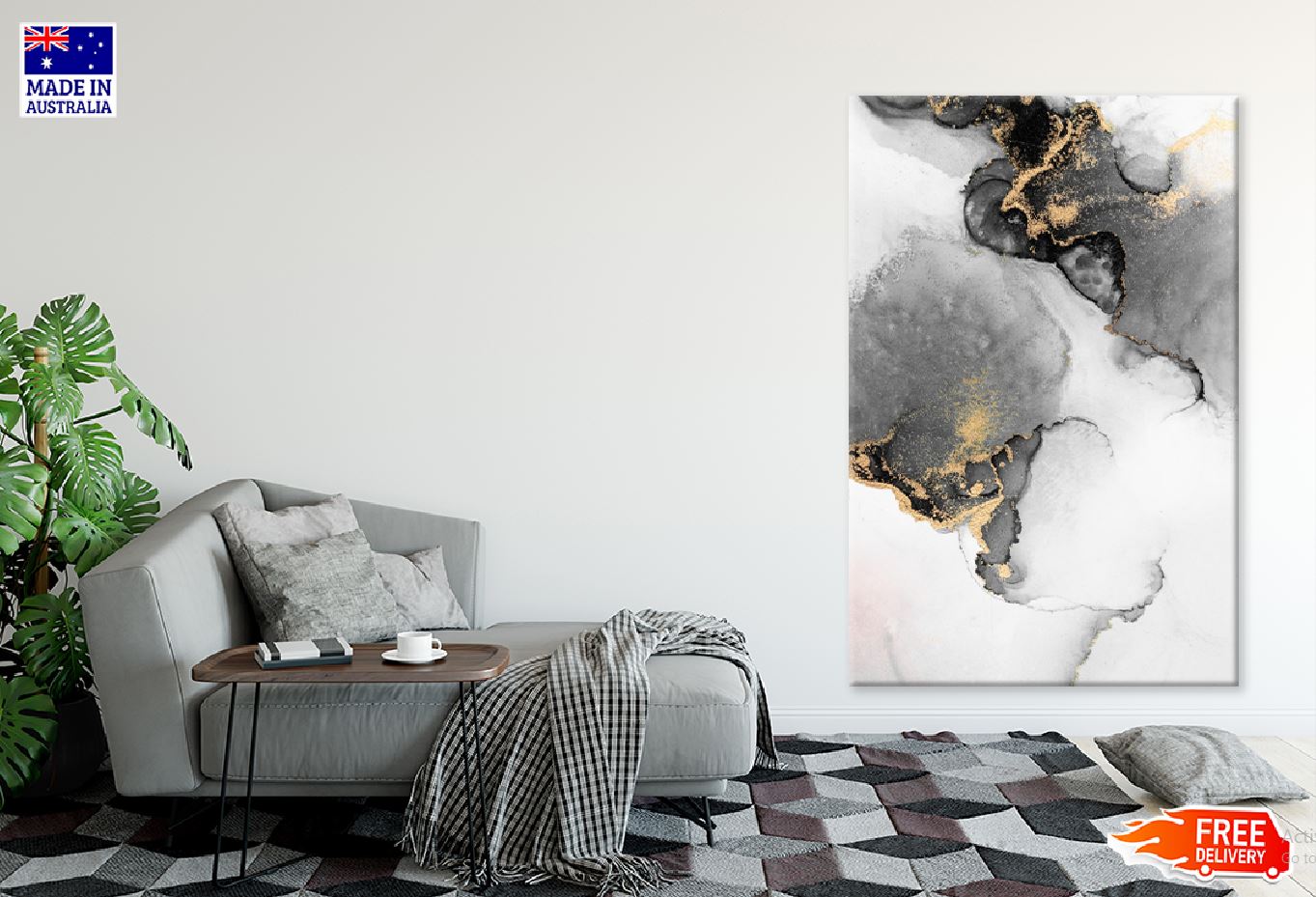 Black Gold Marble Abstract Design Print 100% Australian Made Stretched Canvas Ready to Hang - 1181