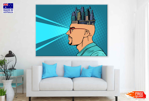 City on Man's Head Vector Art Illustration Pop Arts & Comic Poster Print 100% Australian Made Stretched Canvas Ready to Hang - 2162