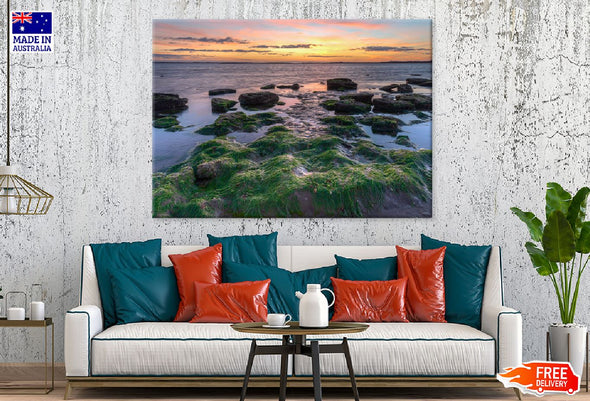 Mossy Rocks on Sea Sunset View Print 100% Australian Made Stretched Canvas Ready to Hang - 1009