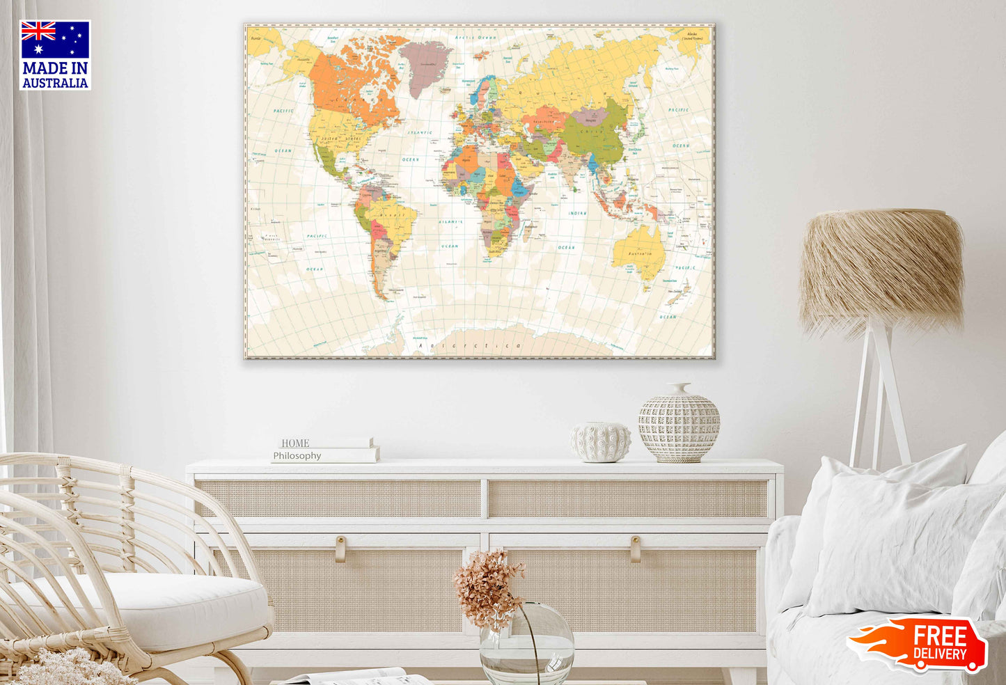 Vintage World Map with Lakes & Rivers Print 100% Australian Made Stretched Canvas Ready to Hang - 2289