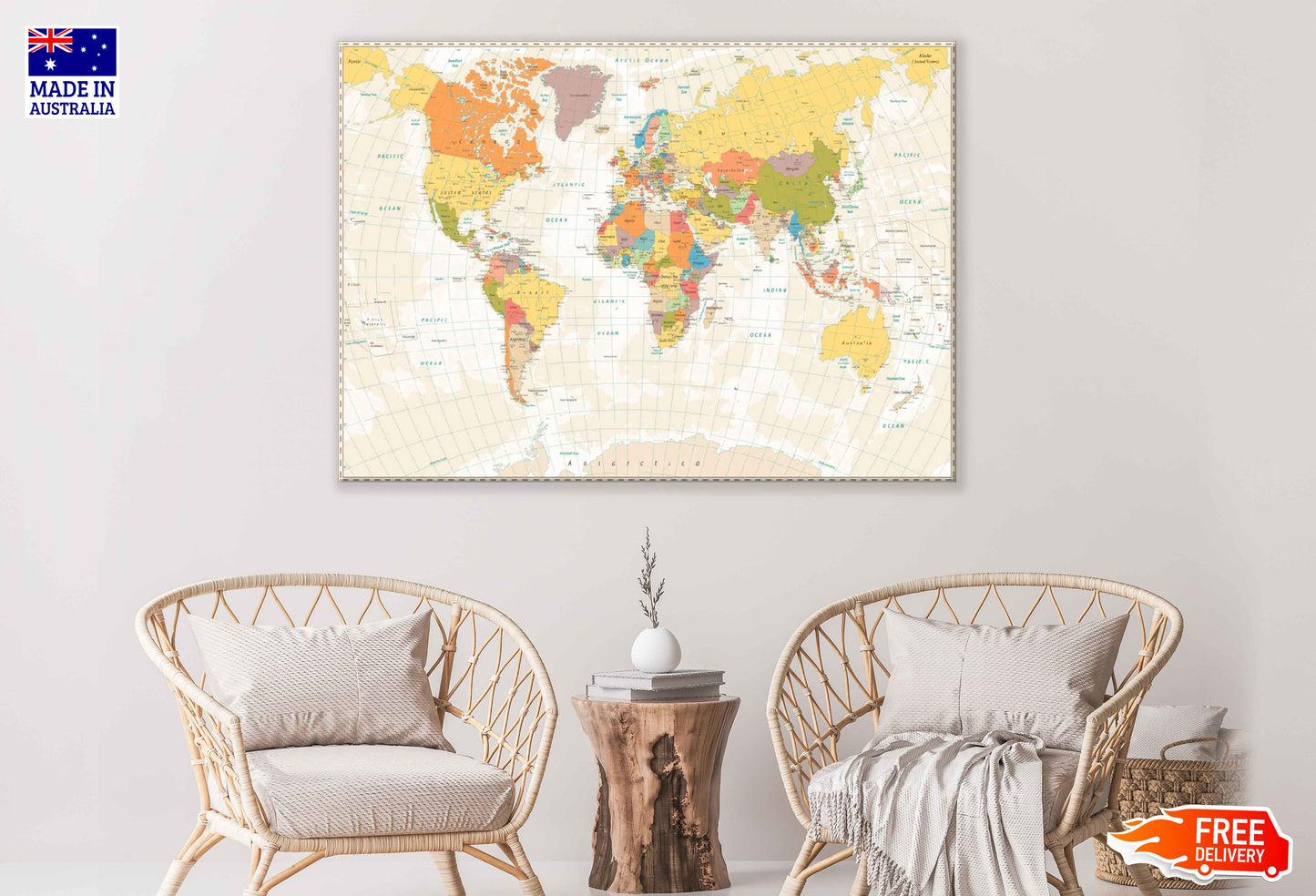 Vintage World Map with Lakes & Rivers Print 100% Australian Made Stretched Canvas Ready to Hang - 2289