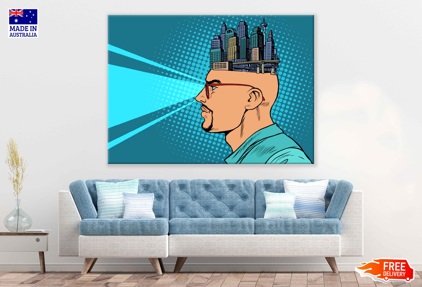 City on Man's Head Vector Art Illustration Pop Arts & Comic Poster Print 100% Australian Made Stretched Canvas Ready to Hang - 2162