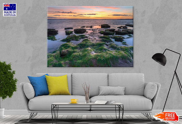 Mossy Rocks on Sea Sunset View Print 100% Australian Made Stretched Canvas Ready to Hang - 1009