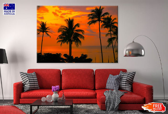 Palm Trees Near Sea Sunset View Print 100% Australian Made Stretched Canvas Ready to Hang - 1760