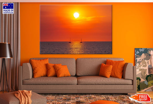 Boats on Sea Sunset Photograph Print 100% Australian Made Stretched Canvas Ready to Hang - 1431