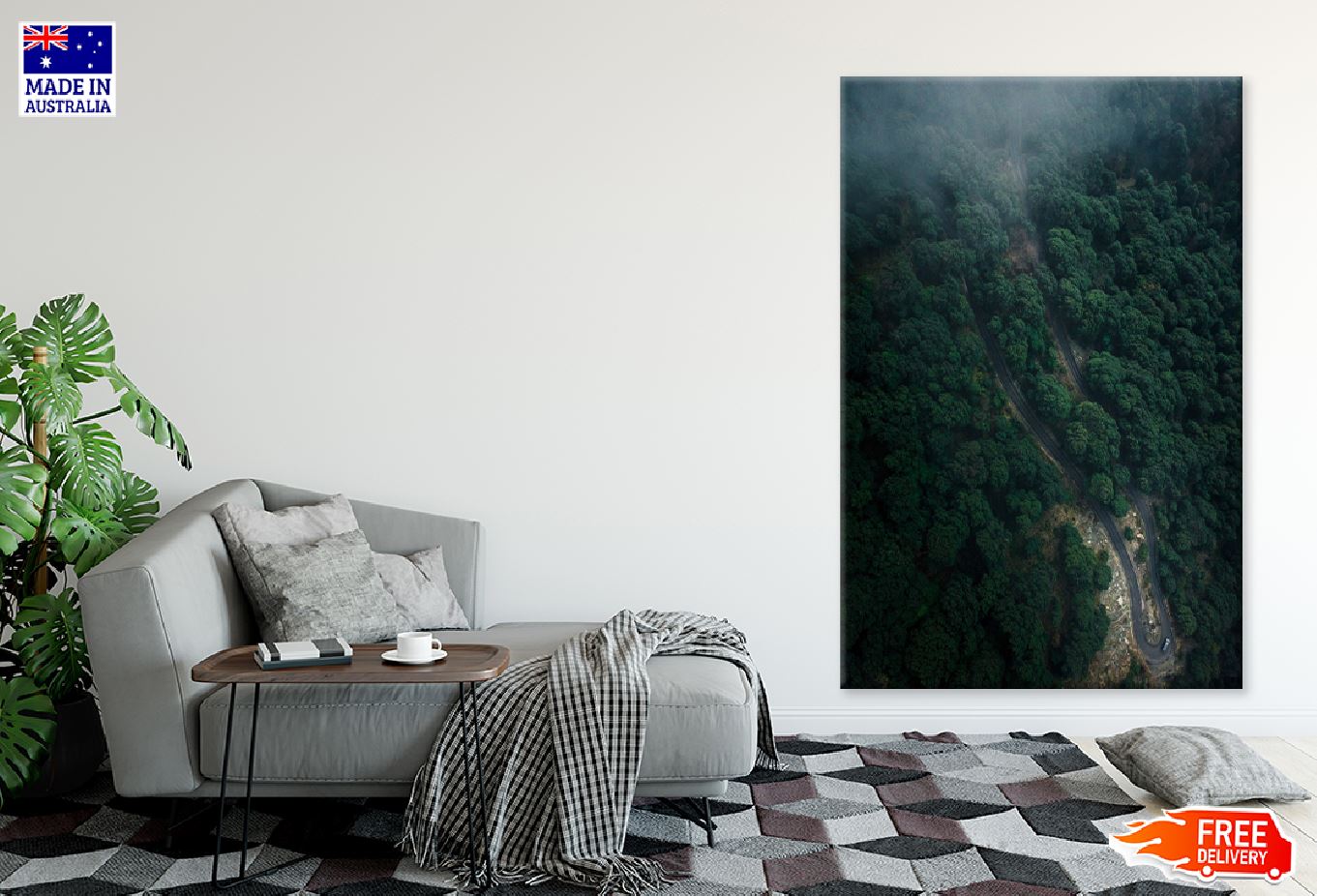 Road Forest & Dense Trees Aerial Print 100% Australian Made Stretched Canvas Ready to Hang - 1083