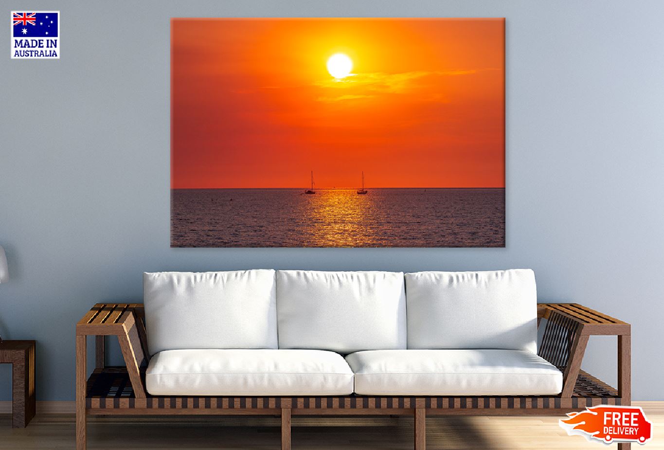 Boats on Sea Sunset Photograph Print 100% Australian Made Stretched Canvas Ready to Hang - 1431