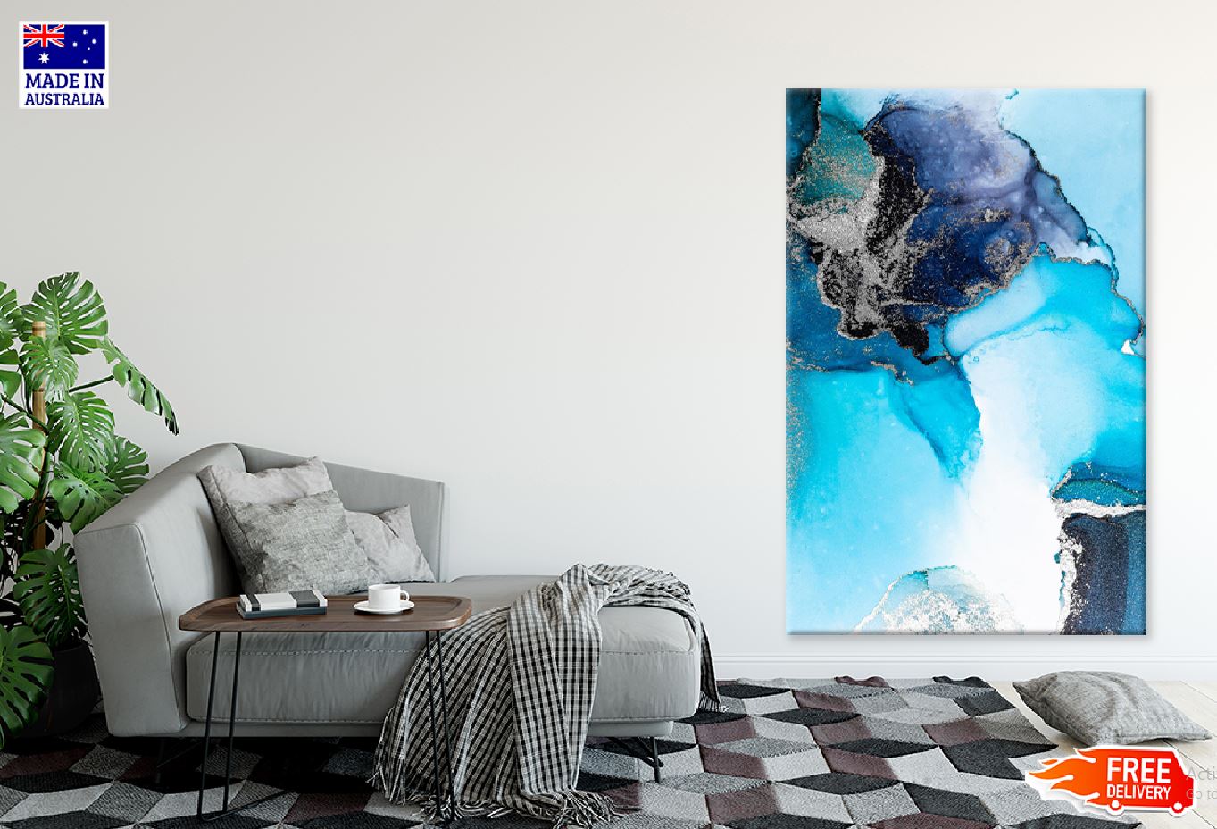 Blue & Silver Marble Abstract Art Design Print 100% Australian Made Stretched Canvas Ready to Hang - 1183