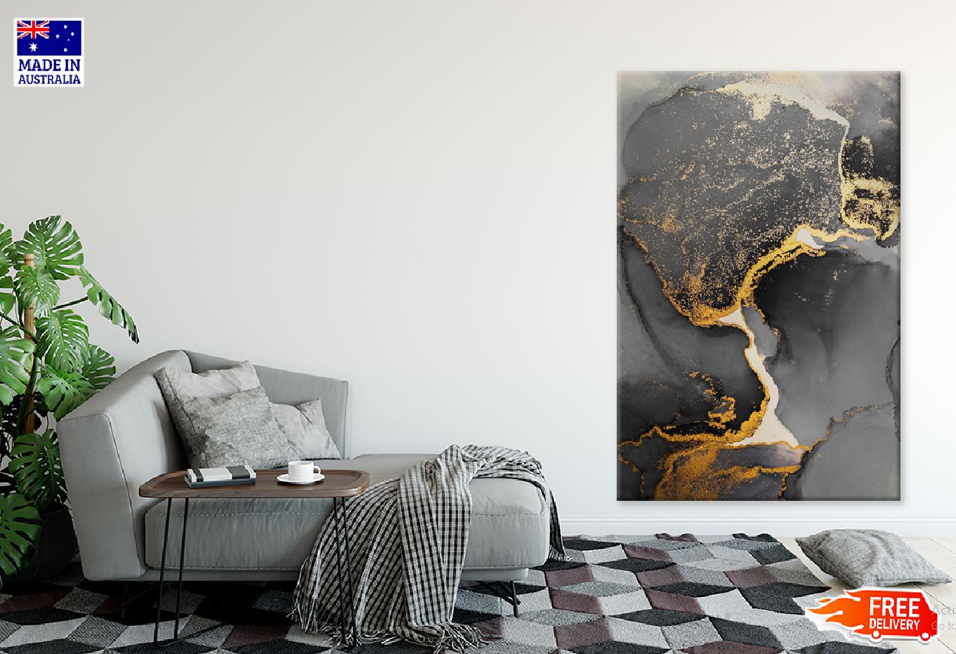 Dark Gold Splash & Black Abstract Design Print 100% Australian Made Stretched Canvas Ready to Hang - 1184