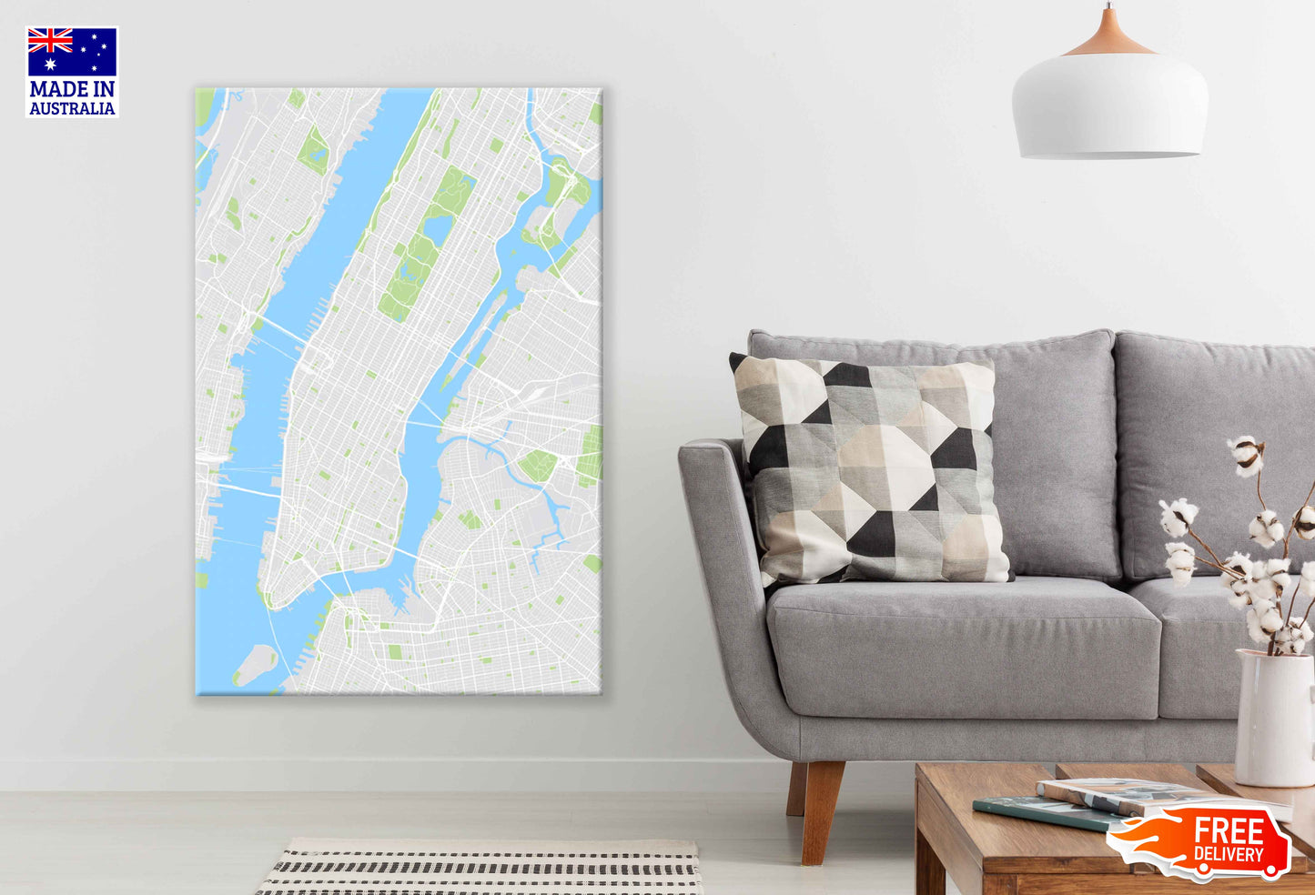 New York Colored Vector Map Print 100% Australian Made Stretched Canvas Ready to Hang - 2364