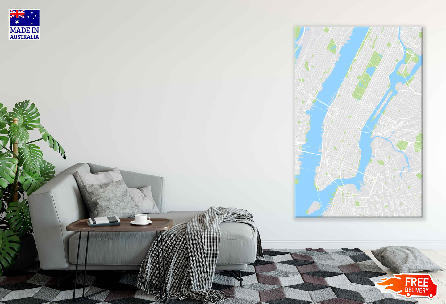 New York Colored Vector Map Print 100% Australian Made Stretched Canvas Ready to Hang - 2364