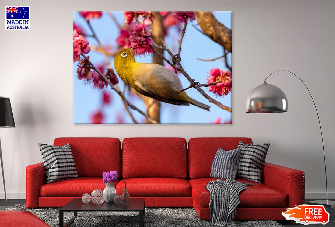 Red Plum Flower & White Eye Bird Print 100% Australian Made Stretched Canvas Ready to Hang - 1284