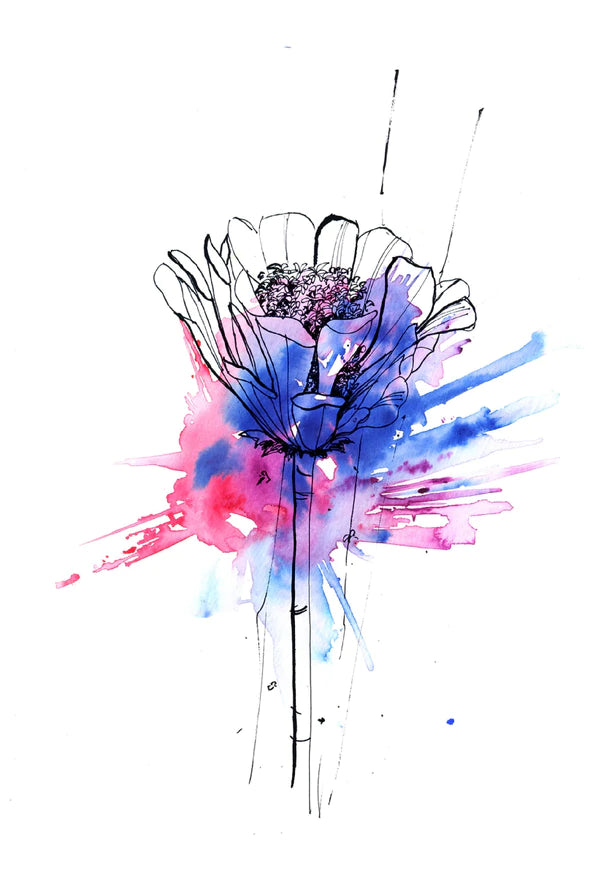 B&W Flower & Pink Blue Abstract Painting Print 100% Australian Made Stretched Canvas Ready to Hang - 1864