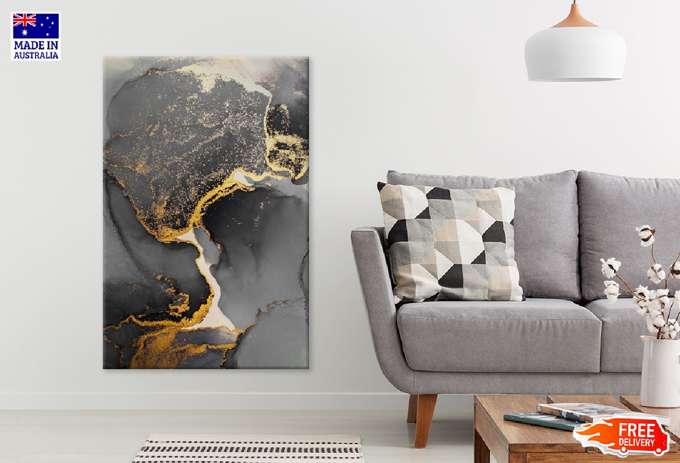 Dark Gold Splash & Black Abstract Design Print 100% Australian Made Stretched Canvas Ready to Hang - 1184