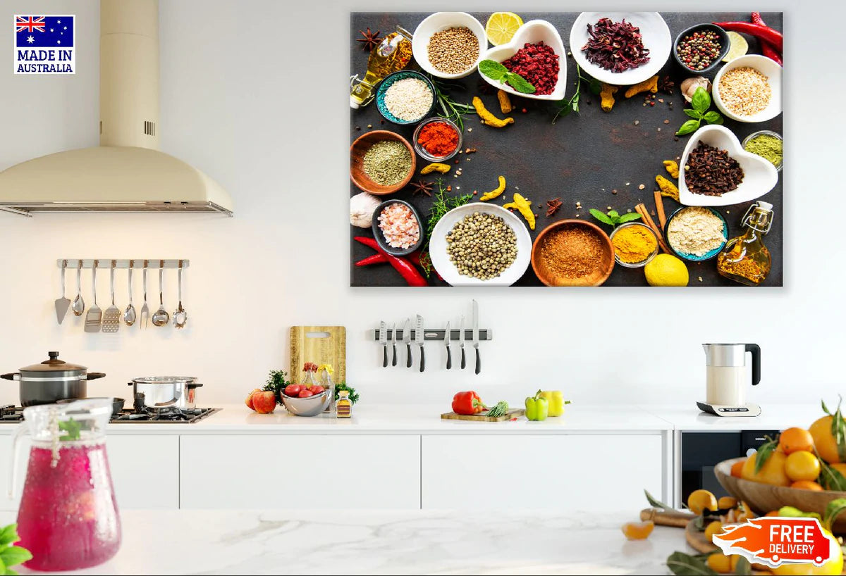 Various Spices in a Bowls Top View Photograph Print 100% Australian Made Stretched Canvas Ready to Hang - 2066