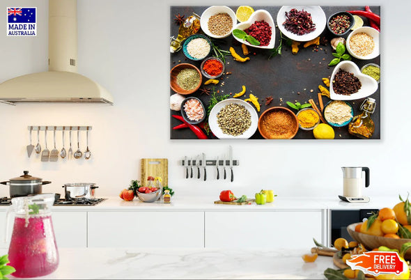 Various Spices in a Bowls Top View Photograph Print 100% Australian Made Stretched Canvas Ready to Hang - 2066