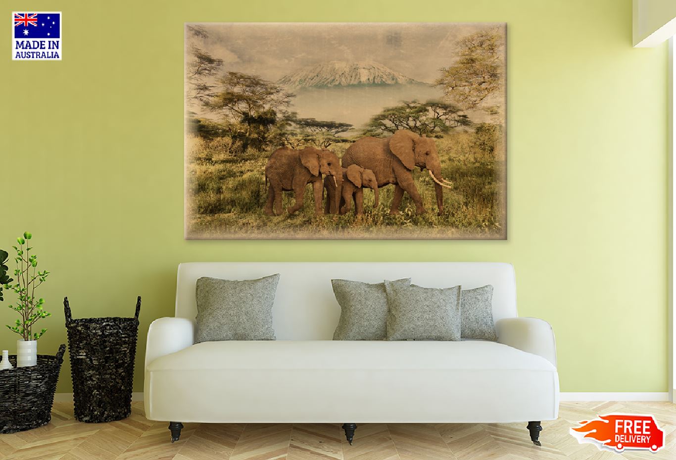 Vantage Old Elephants in Field Print 100% Australian Made Stretched Canvas Ready to Hang - 1285