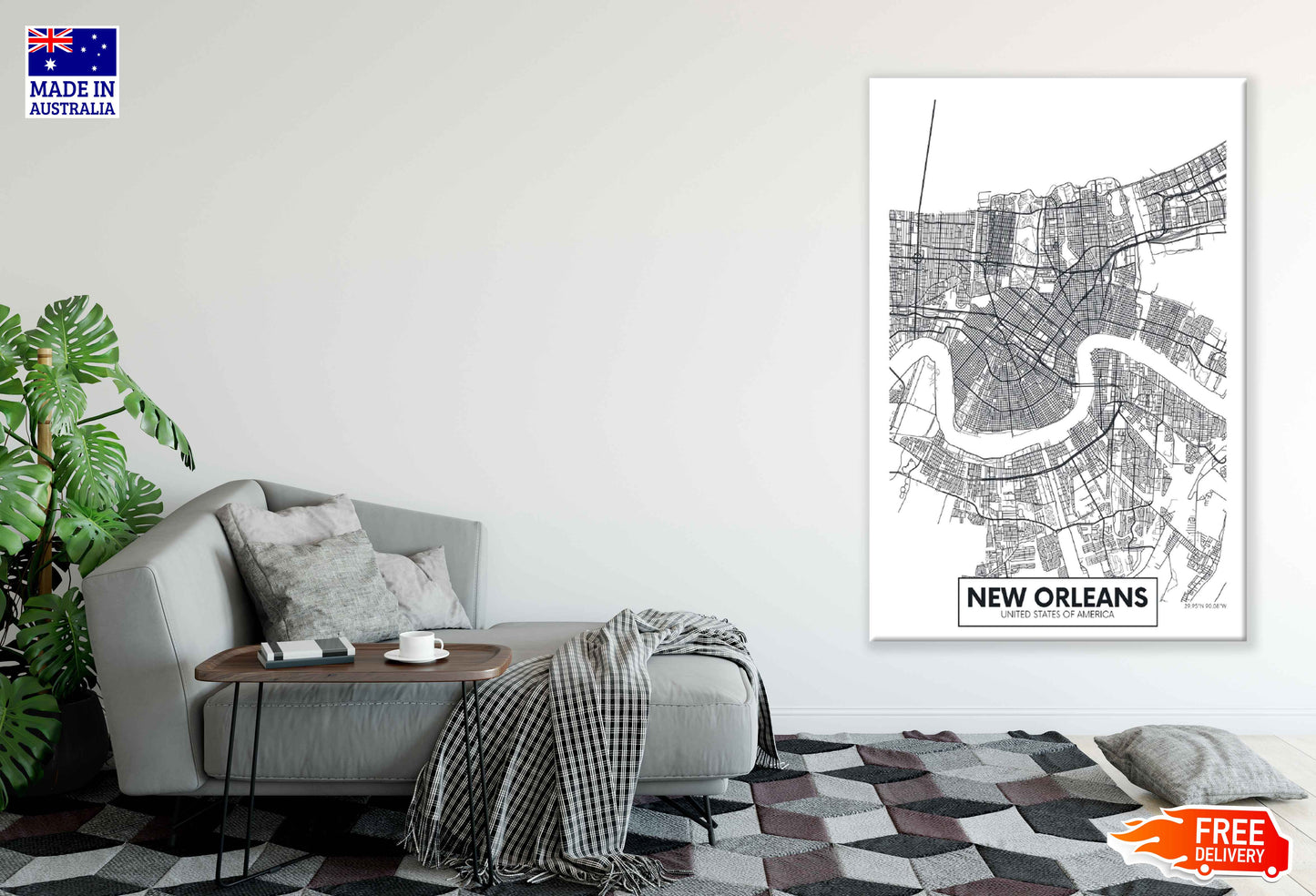 New Orleans City in USA Detailed Map Print 100% Australian Made Stretched Canvas Ready to Hang - 2365