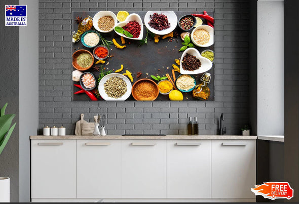 Various Spices in a Bowls Top View Photograph Print 100% Australian Made Stretched Canvas Ready to Hang - 2066