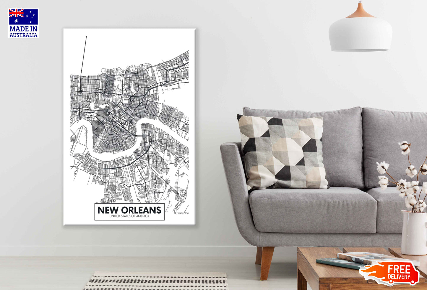 New Orleans City in USA Detailed Map Print 100% Australian Made Stretched Canvas Ready to Hang - 2365