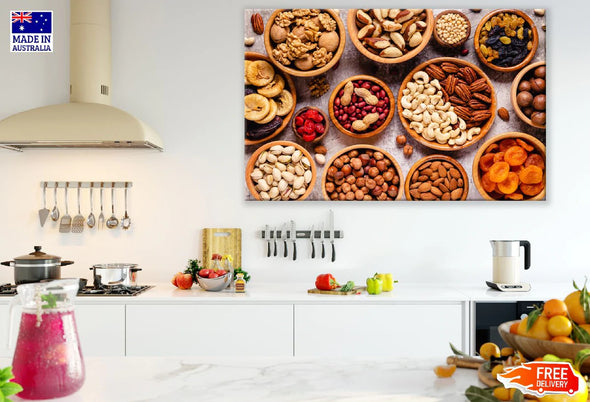 Nuts and Dried Fruits in Wooden Bowls Top View Photograph Print 100% Australian Made Stretched Canvas Ready to Hang - 2067