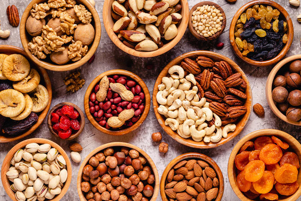 Nuts and Dried Fruits in Wooden Bowls Top View Photograph Print 100% Australian Made Stretched Canvas Ready to Hang - 2067