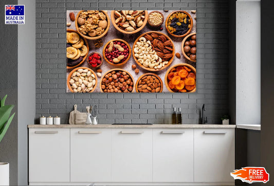 Nuts and Dried Fruits in Wooden Bowls Top View Photograph Print 100% Australian Made Stretched Canvas Ready to Hang - 2067